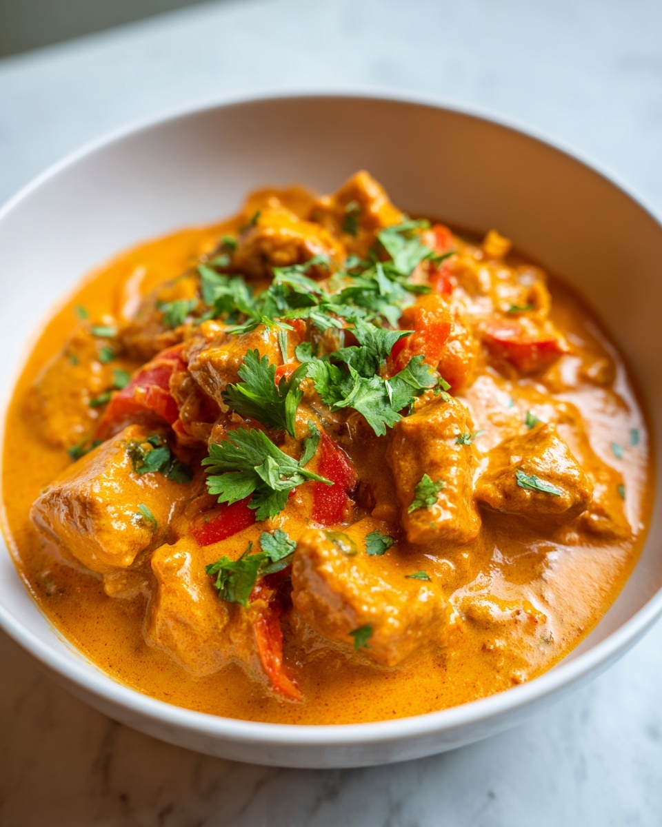 Close-up of a white bowl filled with vibrant orange pumpkin curry, garnished with fresh cilantro.
