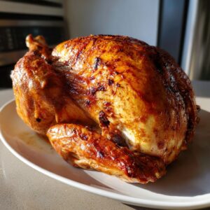 A beautifully roasted turkey with golden-brown, crispy skin, likely prepared using a turkey brine method.