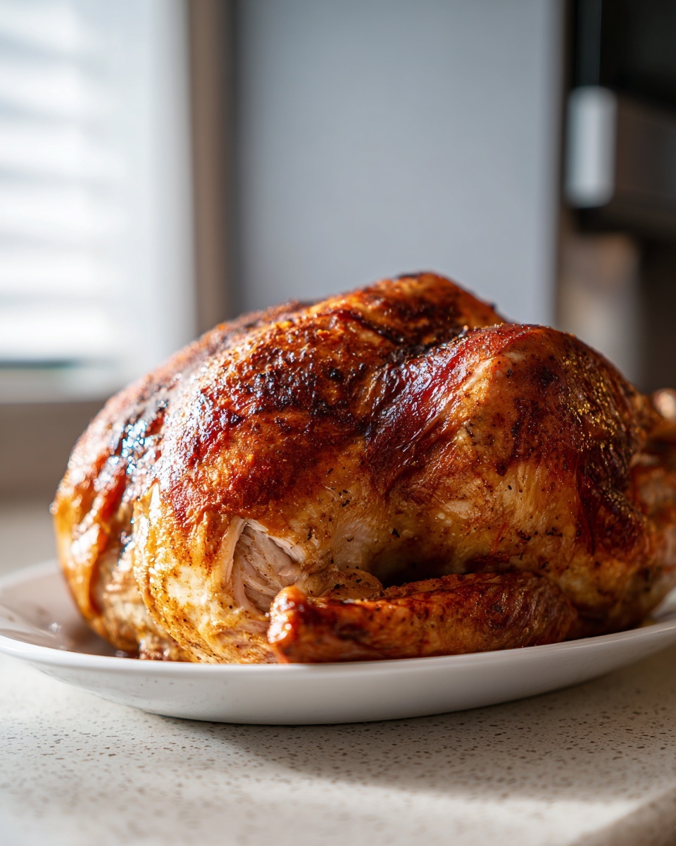 A beautifully roasted turkey with crispy, golden-brown skin, showcasing the success of the turkey brine.