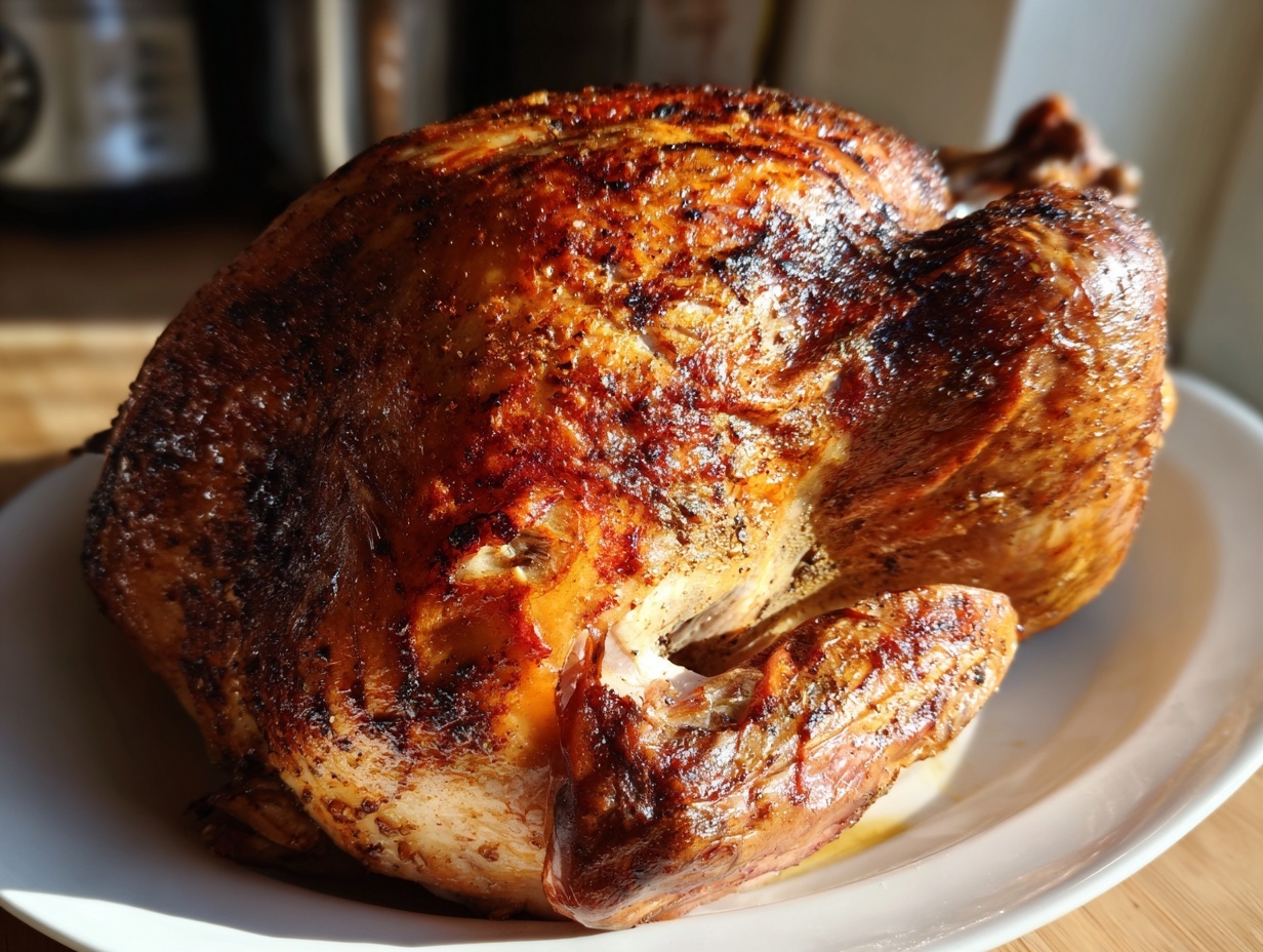 A whole, beautifully roasted turkey with crispy, golden-brown skin, ready to serve after using the turkey brine.