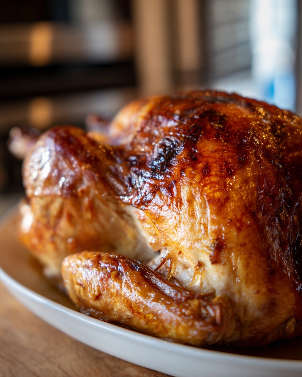 Close-up of a golden-brown, juicy roasted turkey, the result of a successful turkey brine.