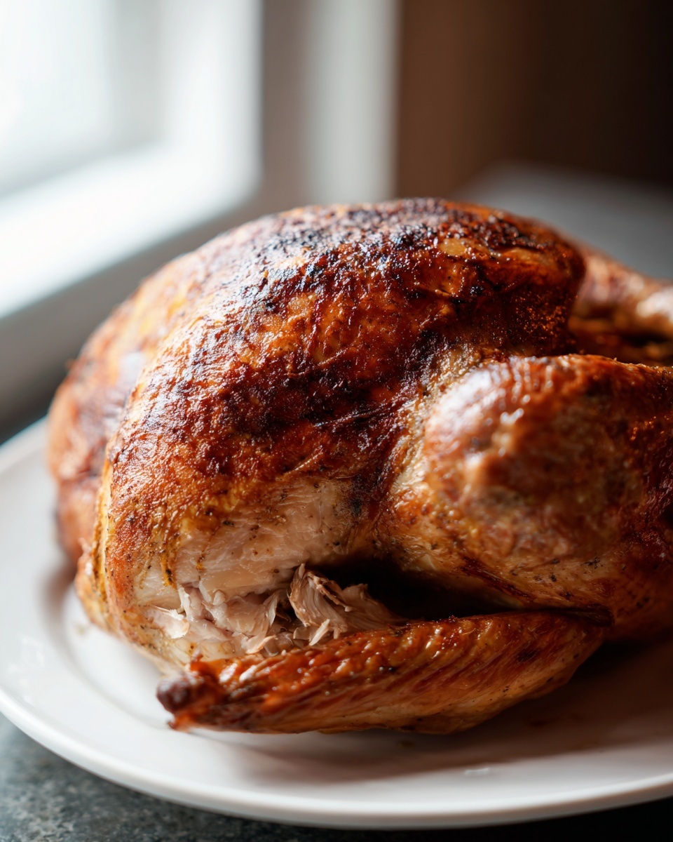 A whole, perfectly roasted turkey with crispy, golden-brown skin, ready to serve after using a turkey brine.