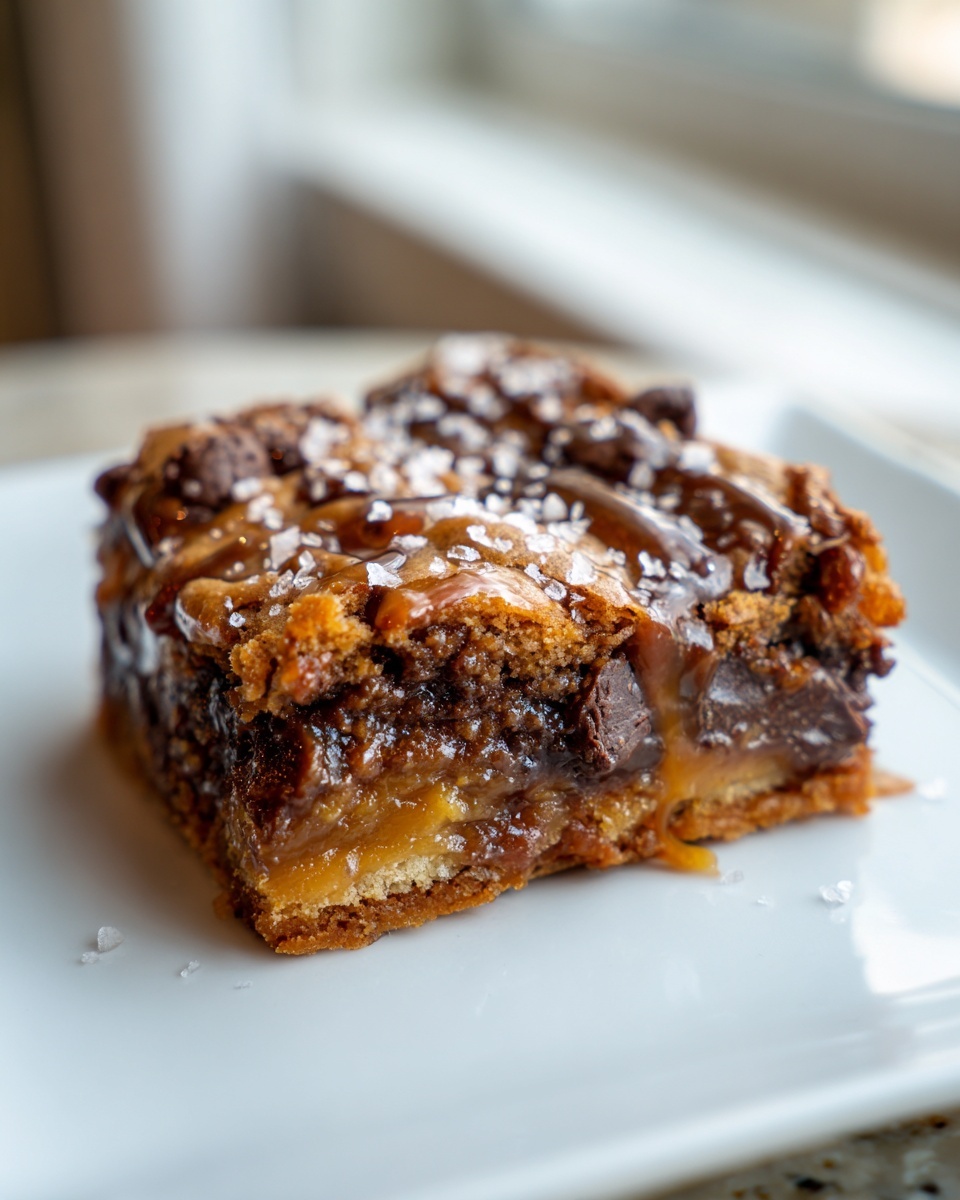 A single, rich, layered cookie bar topped with caramel, chocolate chunks, and flaky sea salt.