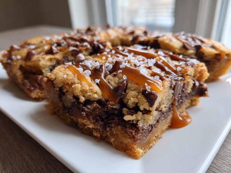 A close-up of decadent cookie bars topped with chocolate chips, caramel drizzle, and sea salt.