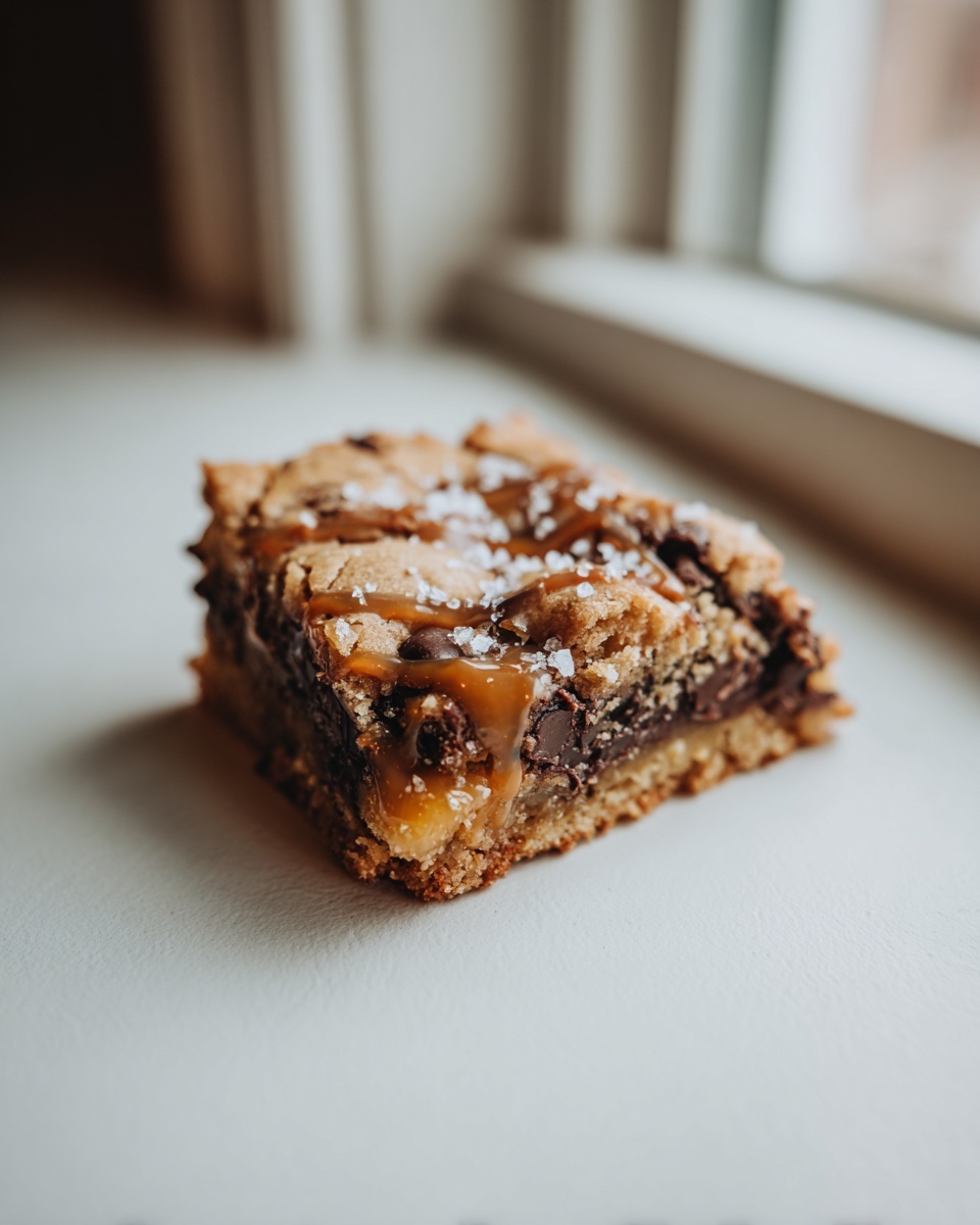 A close-up of one decadent, thick cookie bars drizzled with caramel and topped with sea salt.
