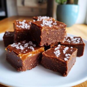 A stack of rich, dark chocolate salted caramel fudge squares topped with flaky sea salt.