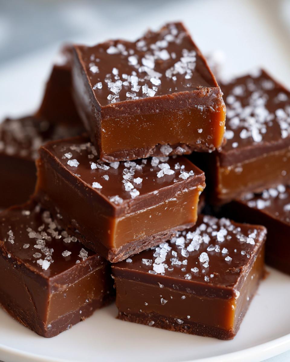 A stack of rich, two-layered salted caramel fudge squares topped with flaky sea salt.
