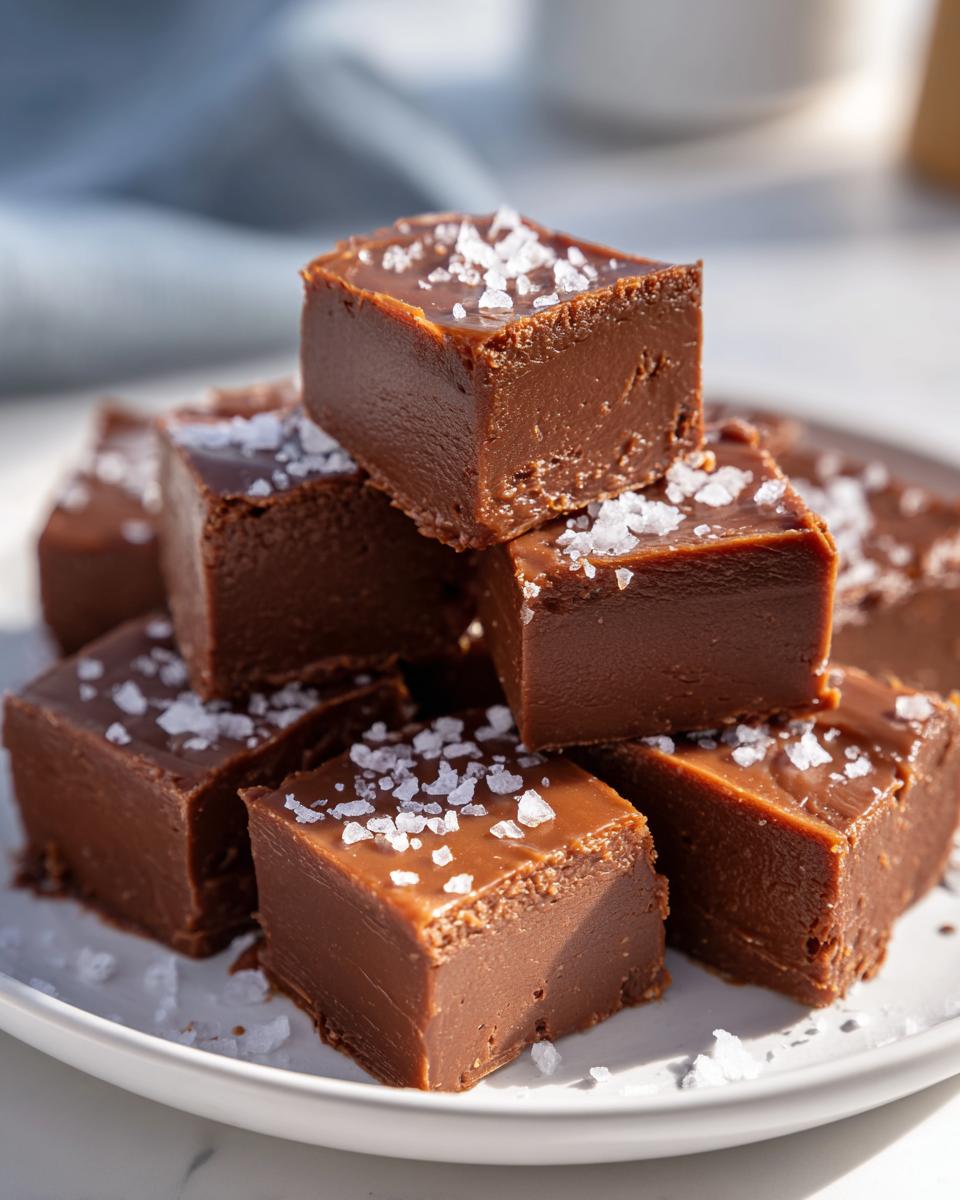 Close-up of decadent chocolate salted caramel fudge squares topped with flaky sea salt, stacked on a white plate.