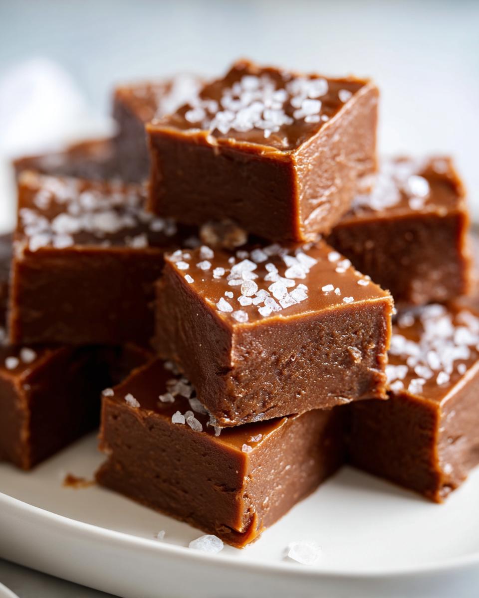 A stack of rich, brown salted caramel fudge squares topped generously with flaky sea salt crystals.