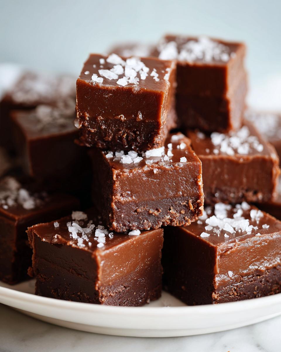 Close-up of rich, dark chocolate salted caramel fudge squares stacked on a white plate, topped with flaky sea salt.