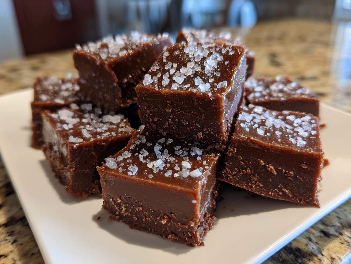 Close-up of rich, dark chocolate salted caramel fudge squares topped with flaky sea salt.