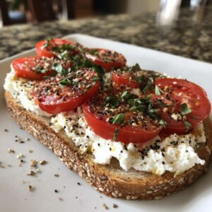 A slice of savory cottage cheese toast topped with sliced tomatoes, herbs, and everything bagel seasoning.