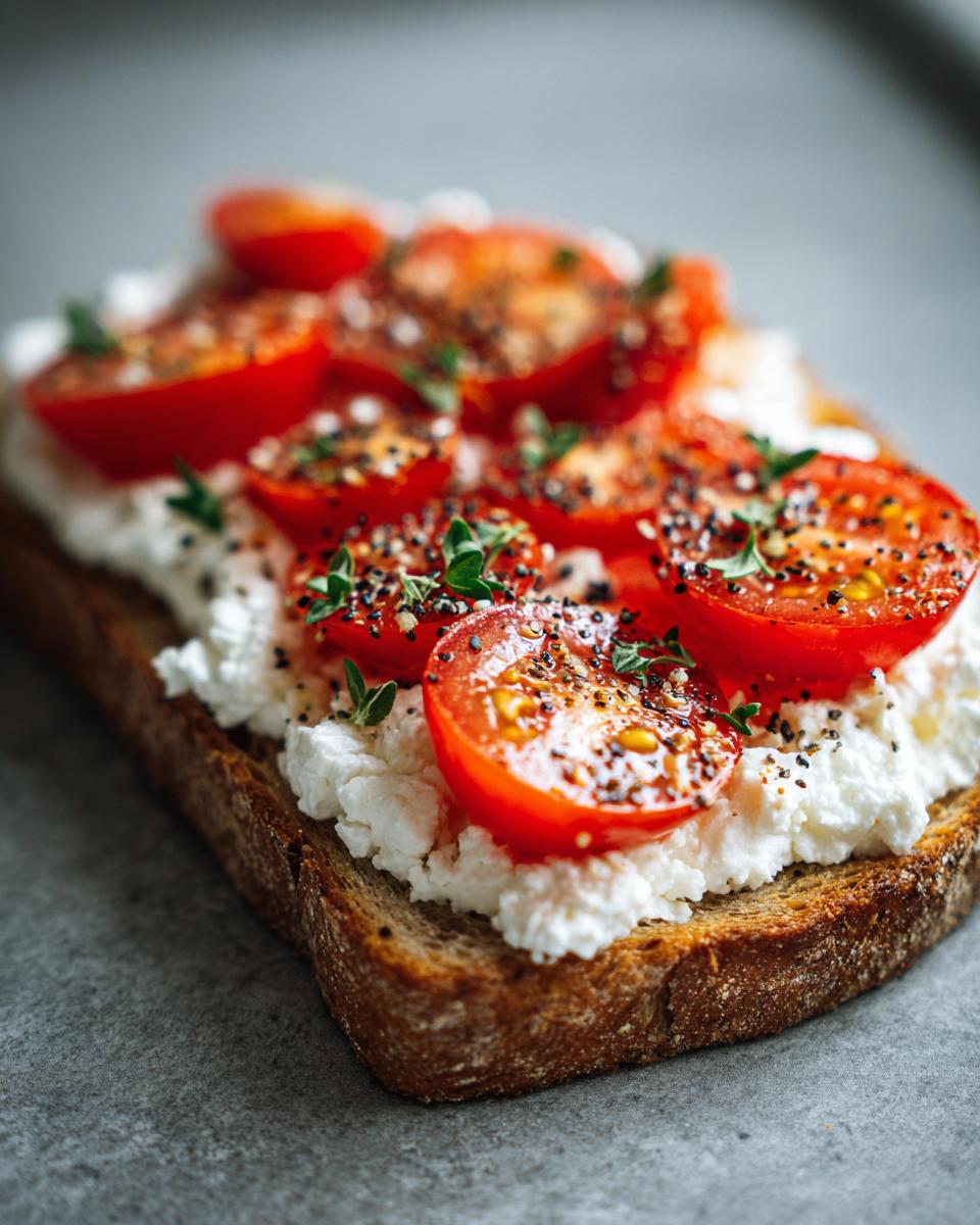 Close-up of savory cottage cheese toast topped with halved cherry tomatoes, black pepper, and fresh thyme.