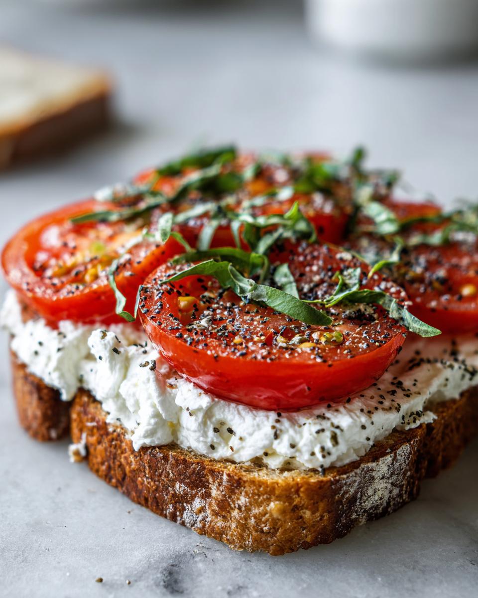 Close-up of savory cottage cheese toast topped with sliced tomatoes, basil, and black pepper.