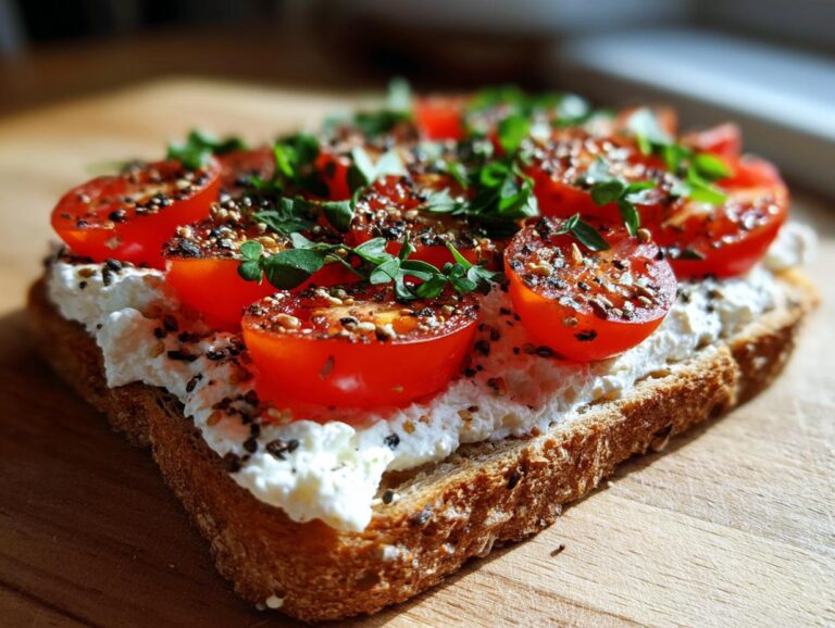 Close-up of savory cottage cheese toast topped with halved cherry tomatoes, everything bagel seasoning, and fresh herbs.