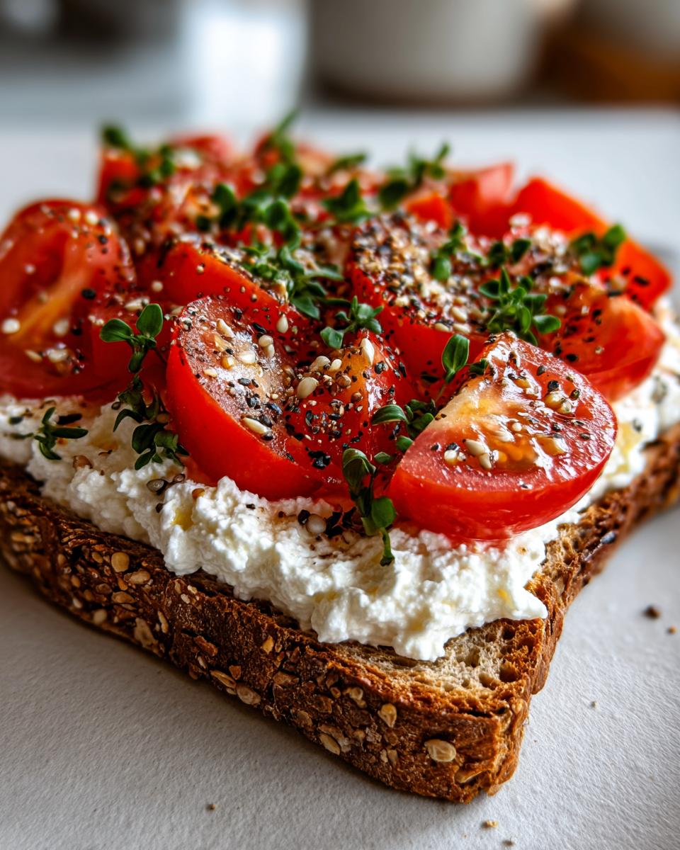 Close-up of savory cottage cheese toast on multigrain bread topped with sliced cherry tomatoes, fresh thyme, and everything bagel seasoning.
