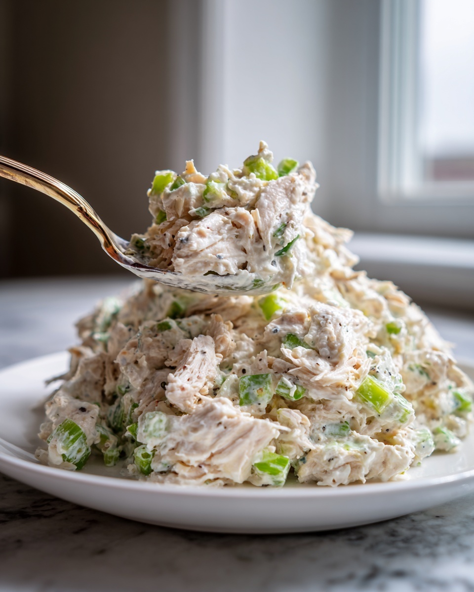 A golden spoon lifting a scoop of creamy high protein chicken salad with visible celery chunks.