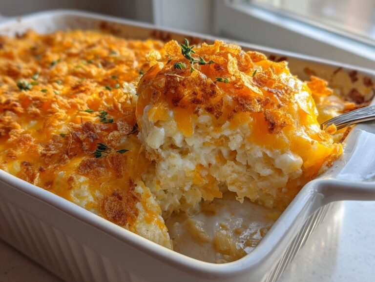 A spoonful of creamy hashbrown casserole being lifted from a white baking dish, showing a cheesy, golden topping.