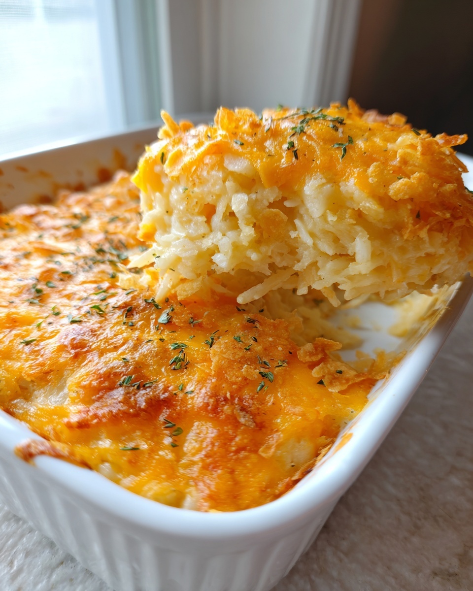 A spoonful of creamy, cheesy hashbrown casserole being lifted from a white baking dish.