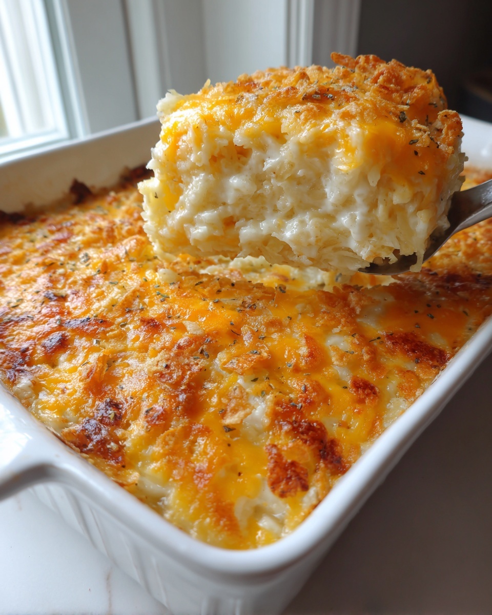 A serving spoon lifts a creamy piece of cheesy hashbrown casserole out of a white baking dish.