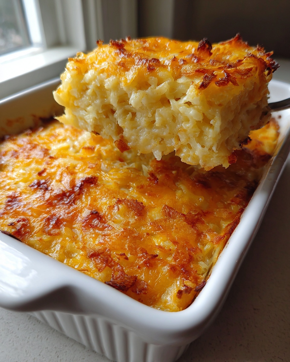 A spoonful of creamy, cheesy hashbrown casserole being lifted from a white baking dish.