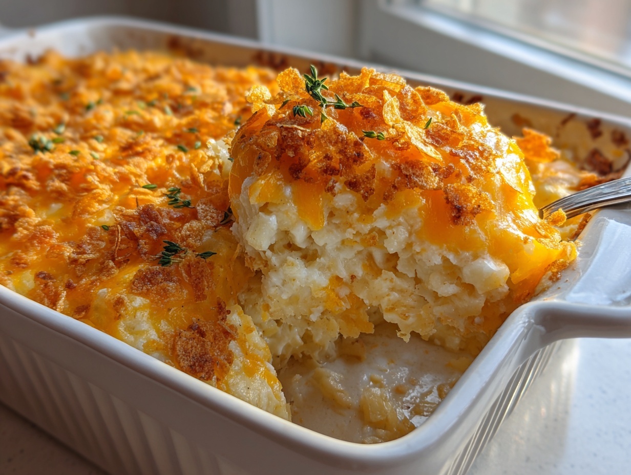A spoonful of creamy hashbrown casserole being lifted from a white baking dish, showing a cheesy, golden topping.