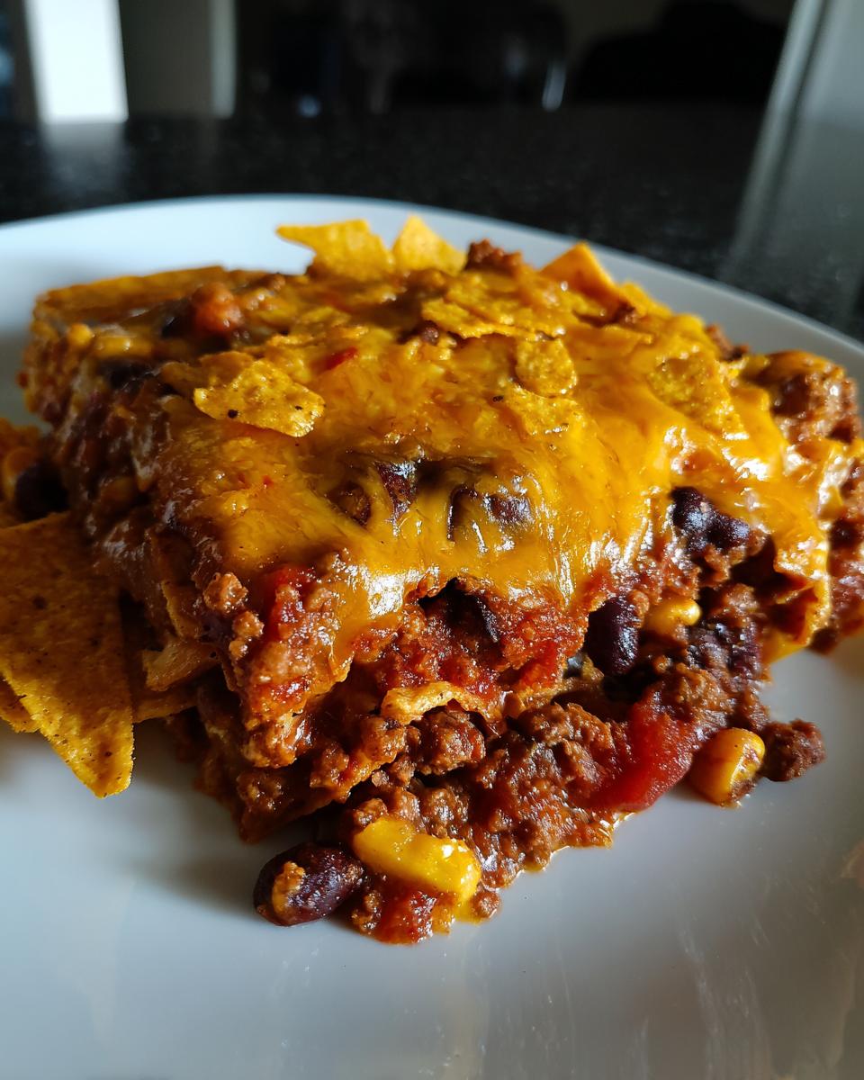 A close-up serving of baked frito pie casserole topped with melted cheddar cheese and corn chips.