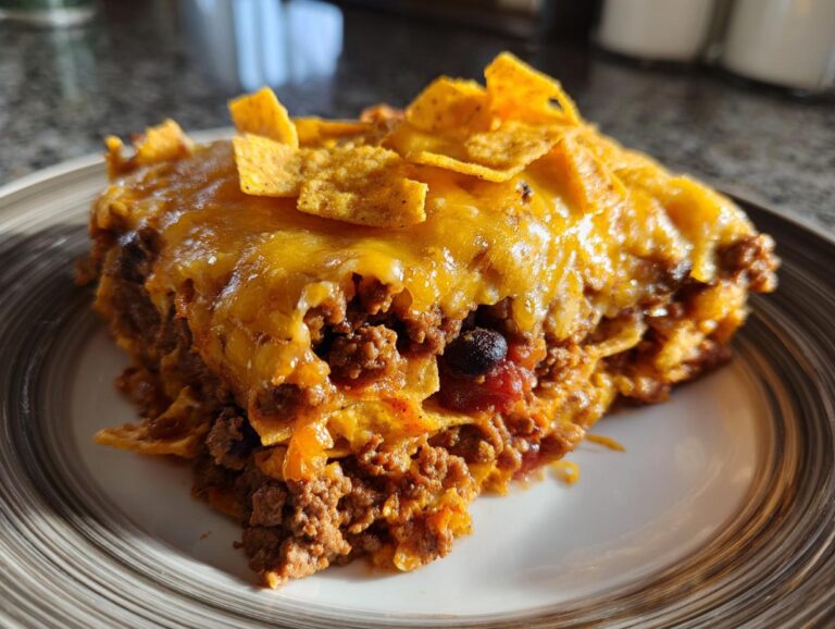 A close-up serving of baked Frito Pie casserole topped with melted cheddar cheese and corn chips.