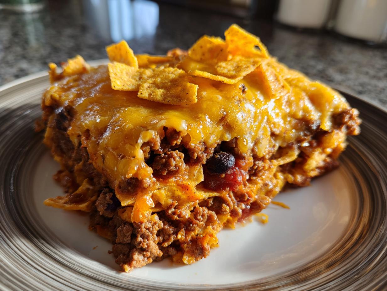 A close-up serving of baked Frito Pie casserole topped with melted cheddar cheese and corn chips.