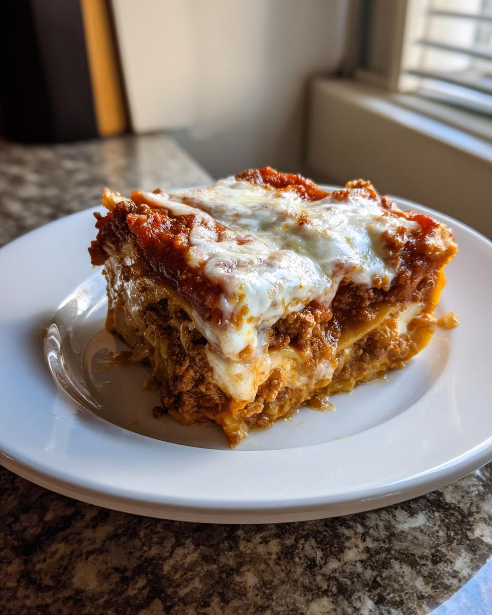 A thick, cheesy slice of crockpot lasagna topped with melted mozzarella and rich meat sauce on a white plate.