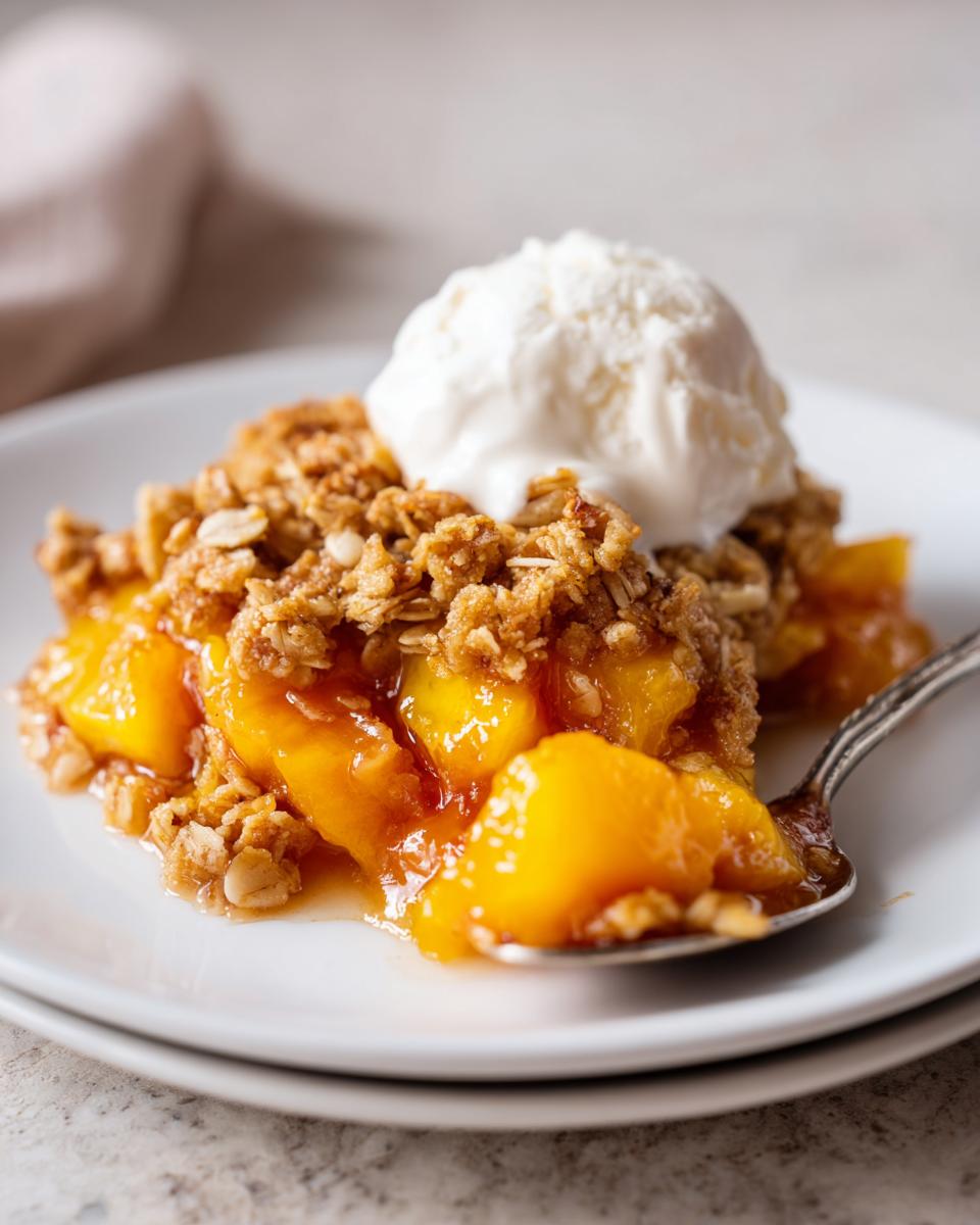 A spoonful of warm peach crisp topped with a scoop of melting vanilla ice cream on a white plate.