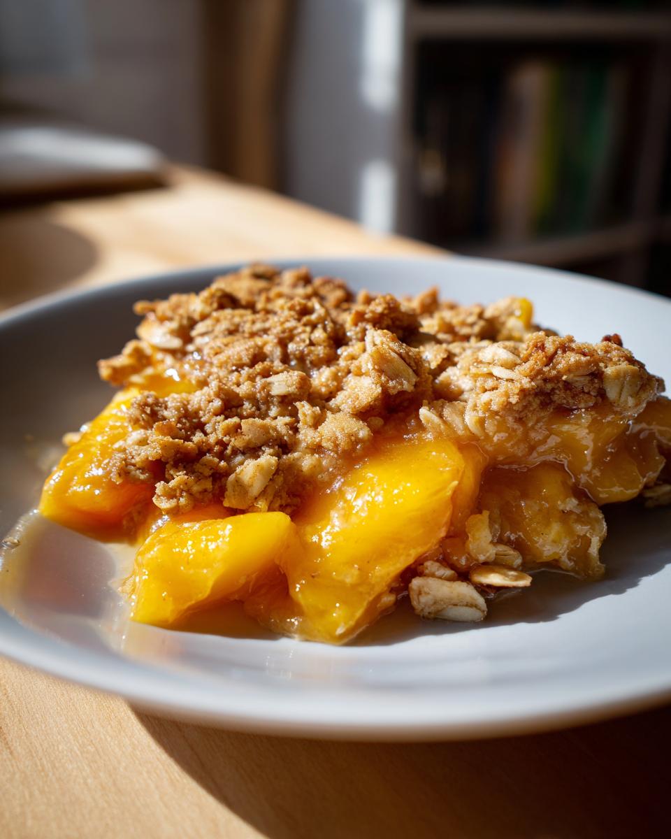 Close-up of a serving of warm peach crisp featuring bright orange peaches and a crunchy oat crumble topping.