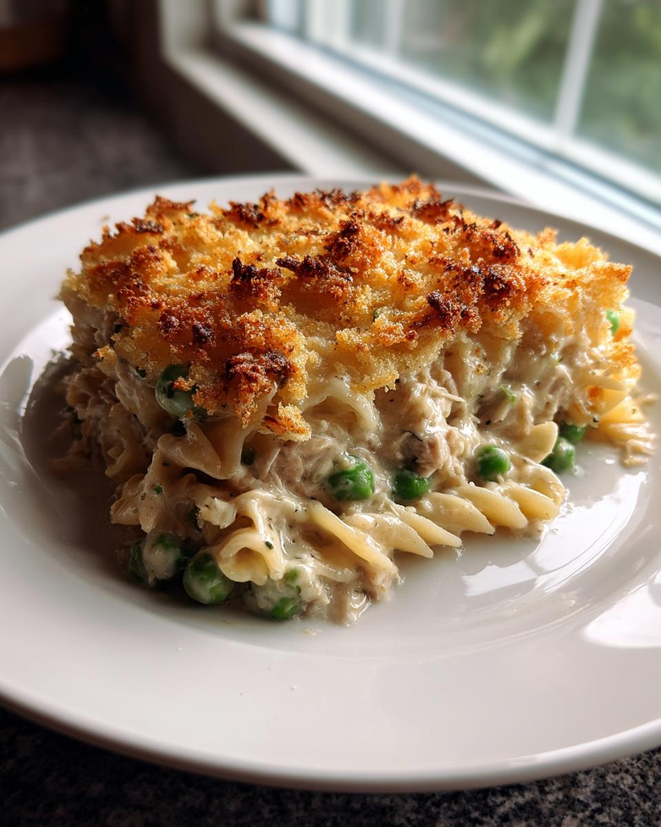 A generous serving of creamy tuna noodle casserole with bright green peas and a golden, crispy breadcrumb topping.