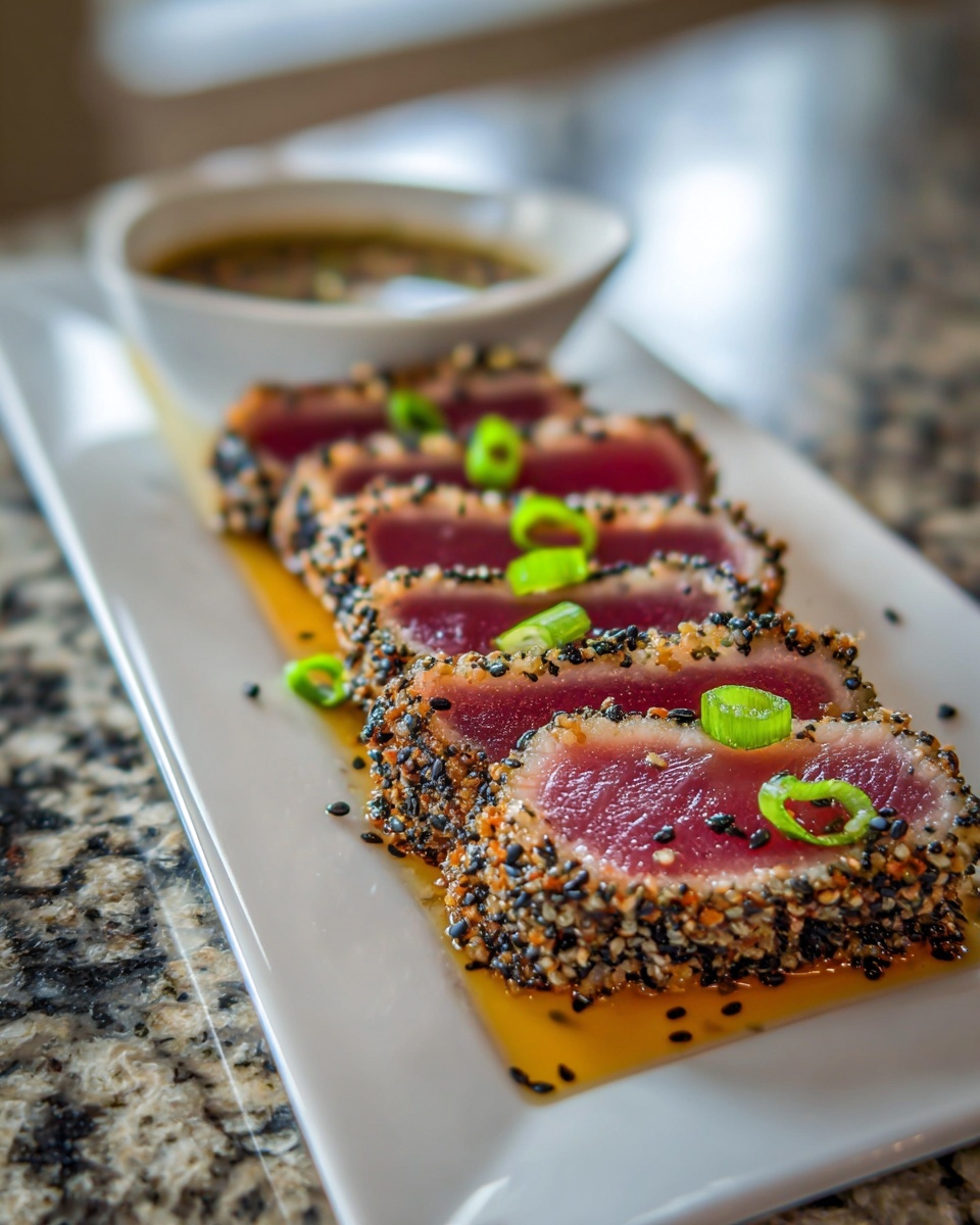 Slices of sesame-crusted tuna tataki with a bright red center, served on a white platter with dipping sauce.