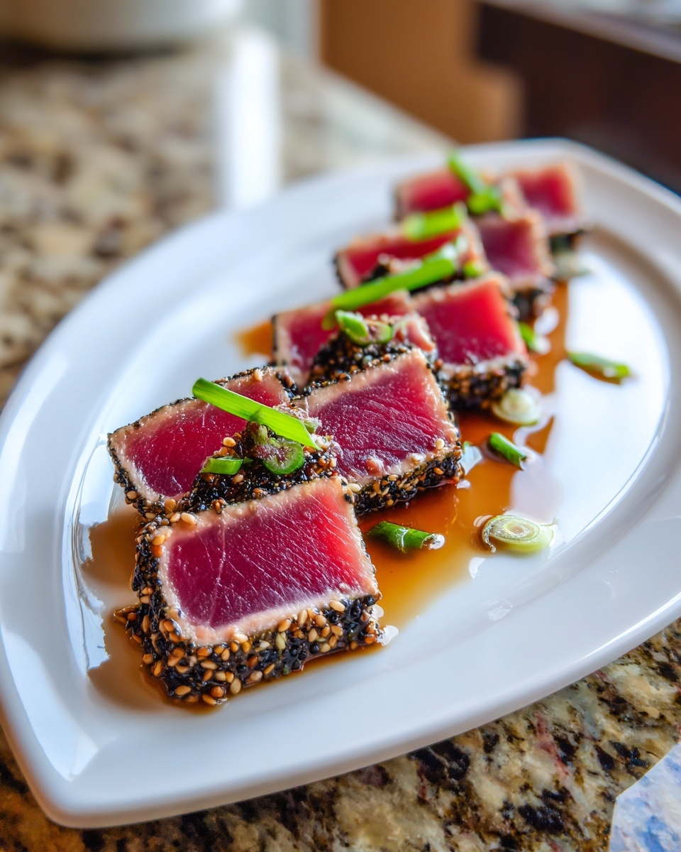 Close-up of sesame-crusted tuna tataki slices, perfectly rare, drizzled with sauce and garnished with green onions.