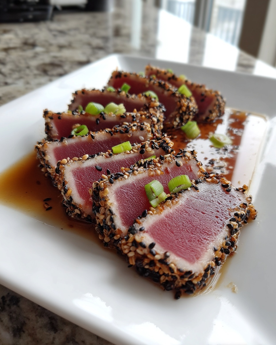 Slices of sesame-crusted tuna tataki, rare in the center, garnished with green onions and sitting in sauce.