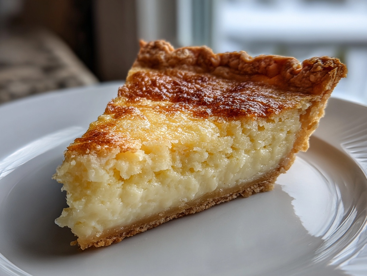 A close-up of a single, thick slice of buttermilk pie showing its creamy filling and browned top.