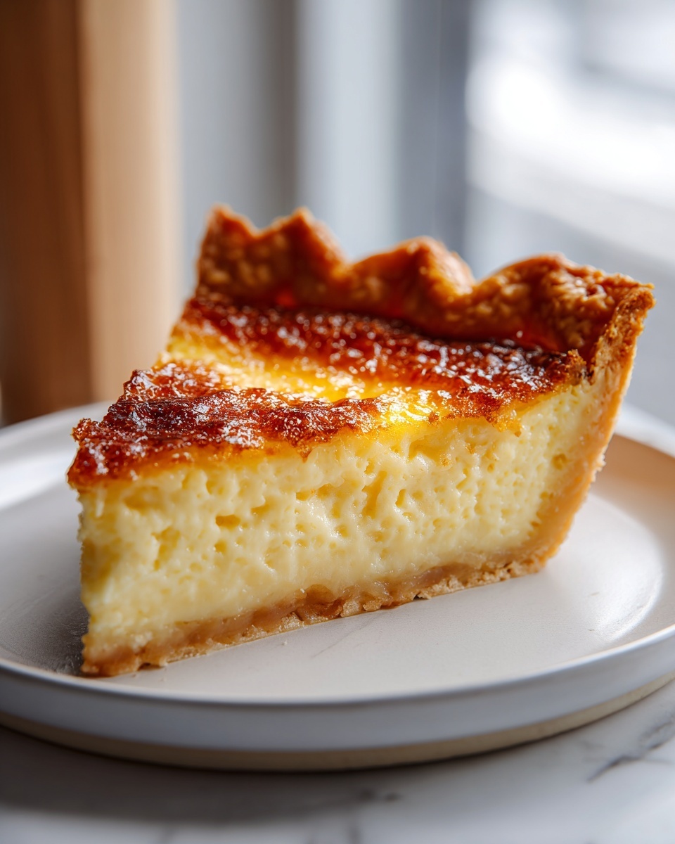 A perfect slice of silky buttermilk pie with a golden, caramelized top crust on a light plate.