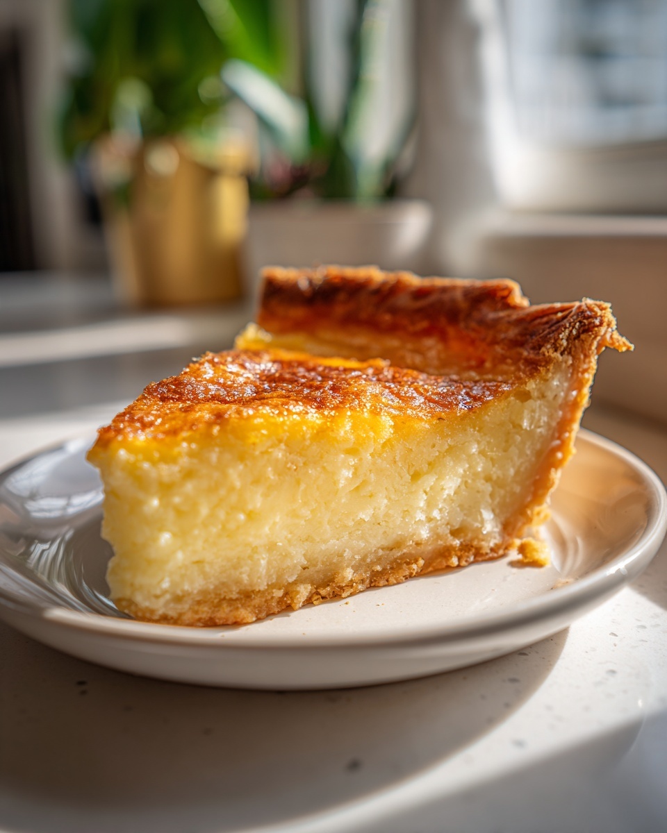 Close-up of a slice of amazing buttermilk pie with a golden-brown top on a small white plate.