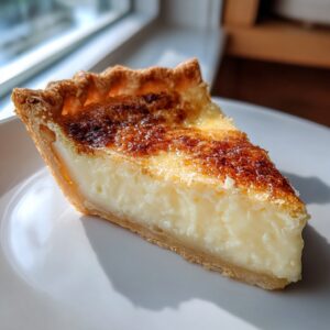 A close-up of a slice of amazing buttermilk pie with a creamy filling and caramelized top.