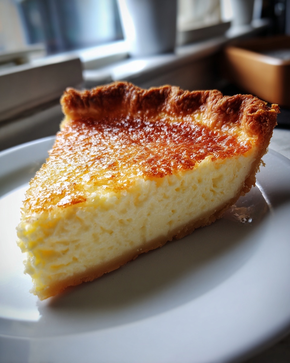 A close-up of a single slice of amazing buttermilk pie with a golden, glossy top.