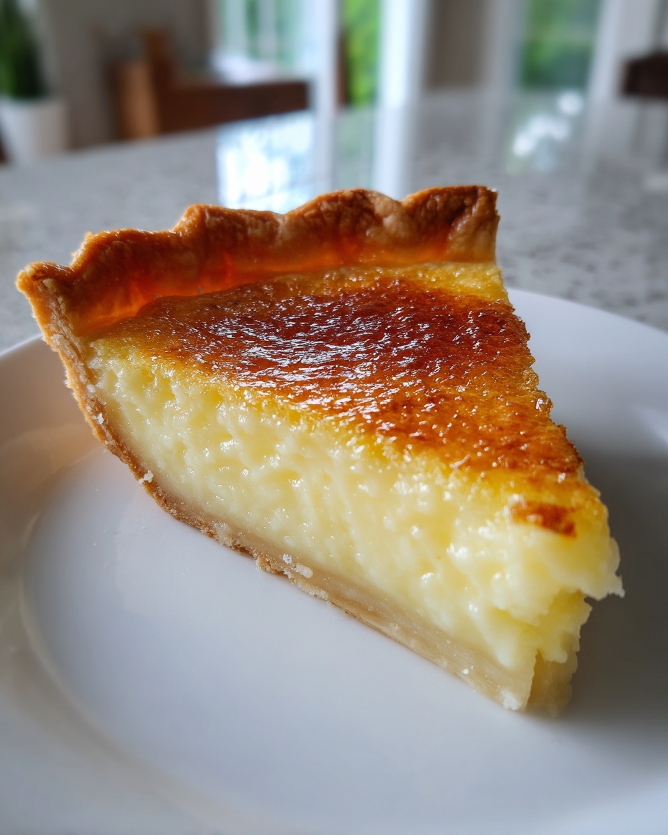 A close-up of a slice of amazing buttermilk pie with a golden-brown, slightly caramelized top.
