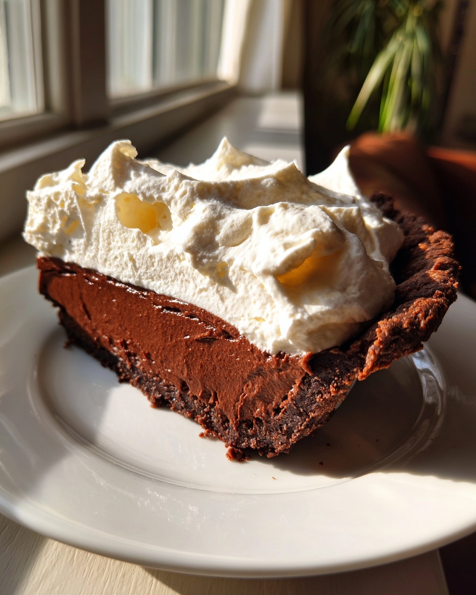 A close-up slice of rich chocolate cream pie with a dark crust and generous whipped cream topping.