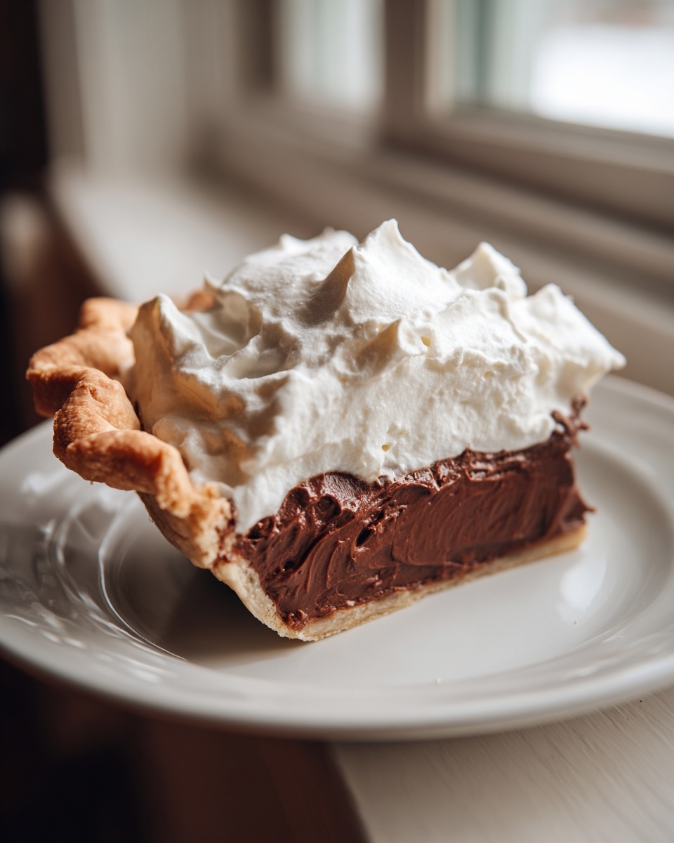 A close-up of a slice of rich chocolate cream pie topped generously with fluffy white whipped cream.