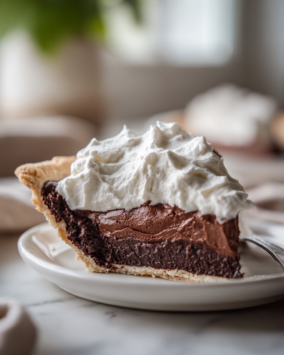 A decadent slice of chocolate cream pie showing two layers of filling and a mound of whipped cream on top.