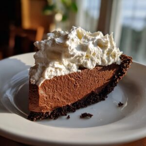 A perfect slice of rich chocolate cream pie with a dark crust and generous topping of fluffy whipped cream.