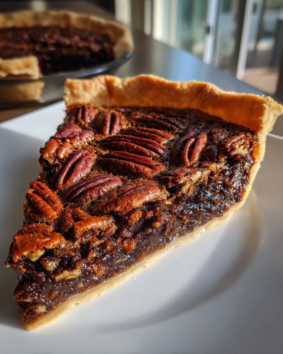 Close-up of a rich slice of chocolate pecan pie showing the gooey filling and whole pecans on top.