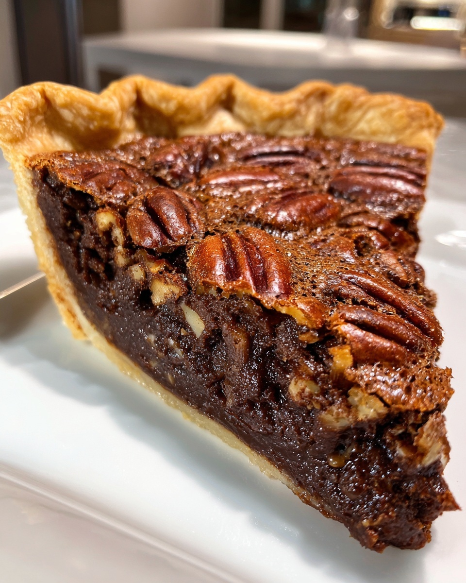 Close-up of a thick slice of rich chocolate pecan pie showing the dark filling and whole pecans on top.
