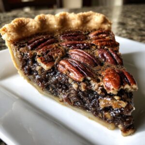 Close-up of a rich slice of chocolate pecan pie showing the gooey filling and whole pecans on top.