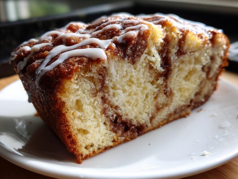 Close-up of a moist slice of cinnamon bread featuring a rich swirl of brown sugar filling and a white glaze drizzle.